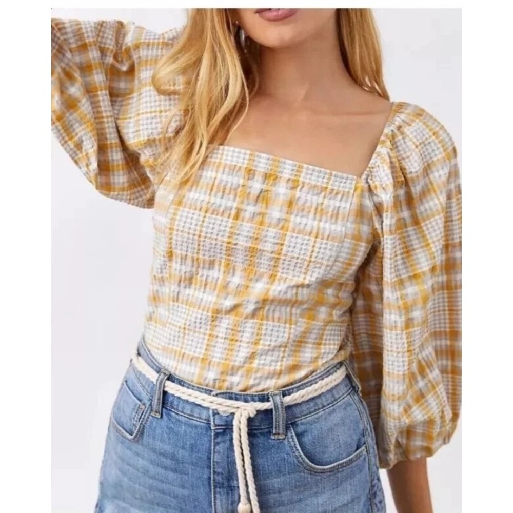 Maeve Anthropologie Gingham Plaid Smocked Puff Sleeve Ruffle Top XS Square Neck - Picture 12 of 13